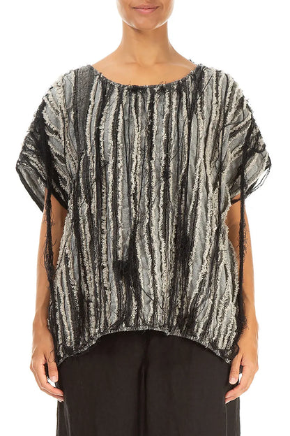 Boxy Black Textured Linen Blouse