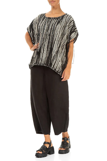 Boxy Black Textured Linen Blouse