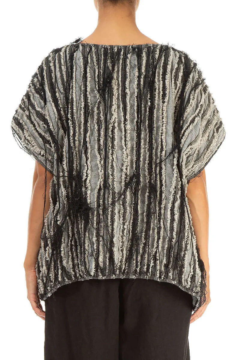 Boxy Black Textured Linen Blouse