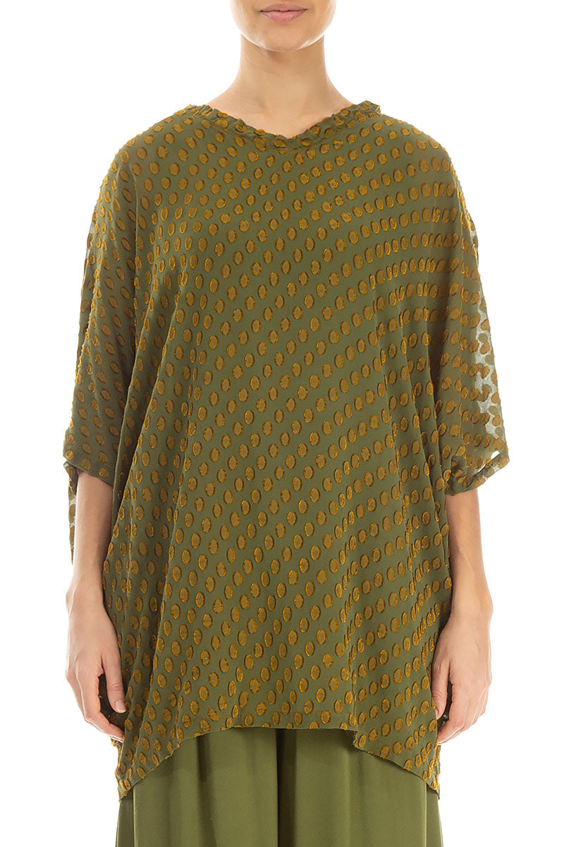 Boxy Bubbly Pattern Olive Silk Blouse 1