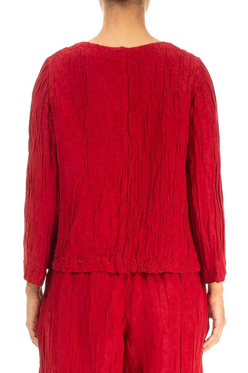 Boxy Cherry Red Crinkled Silk Linen Blouse 2