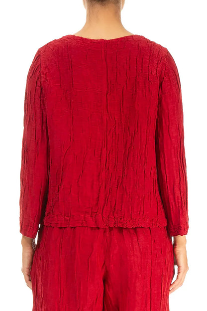 Boxy Cherry Red Crinkled Silk Linen Blouse 2