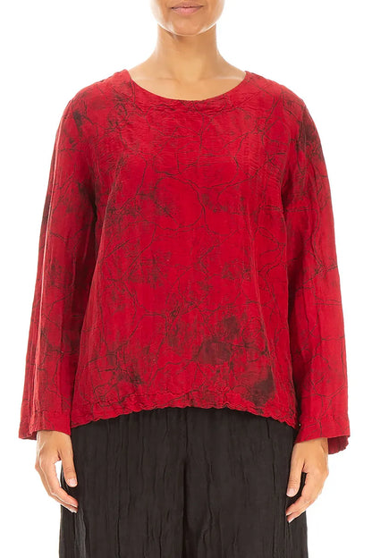 Boxy Cherry Red Marble Crinkled Silk Blouse