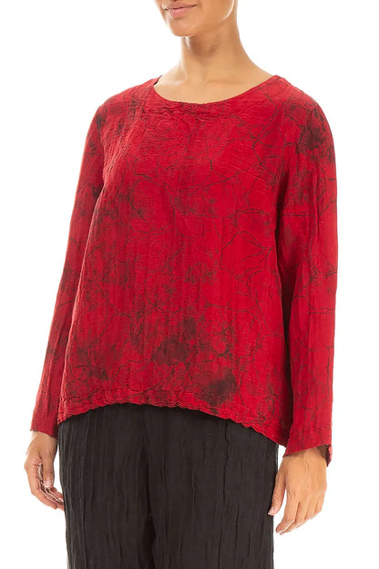 Boxy Cherry Red Marble Crinkled Silk Blouse