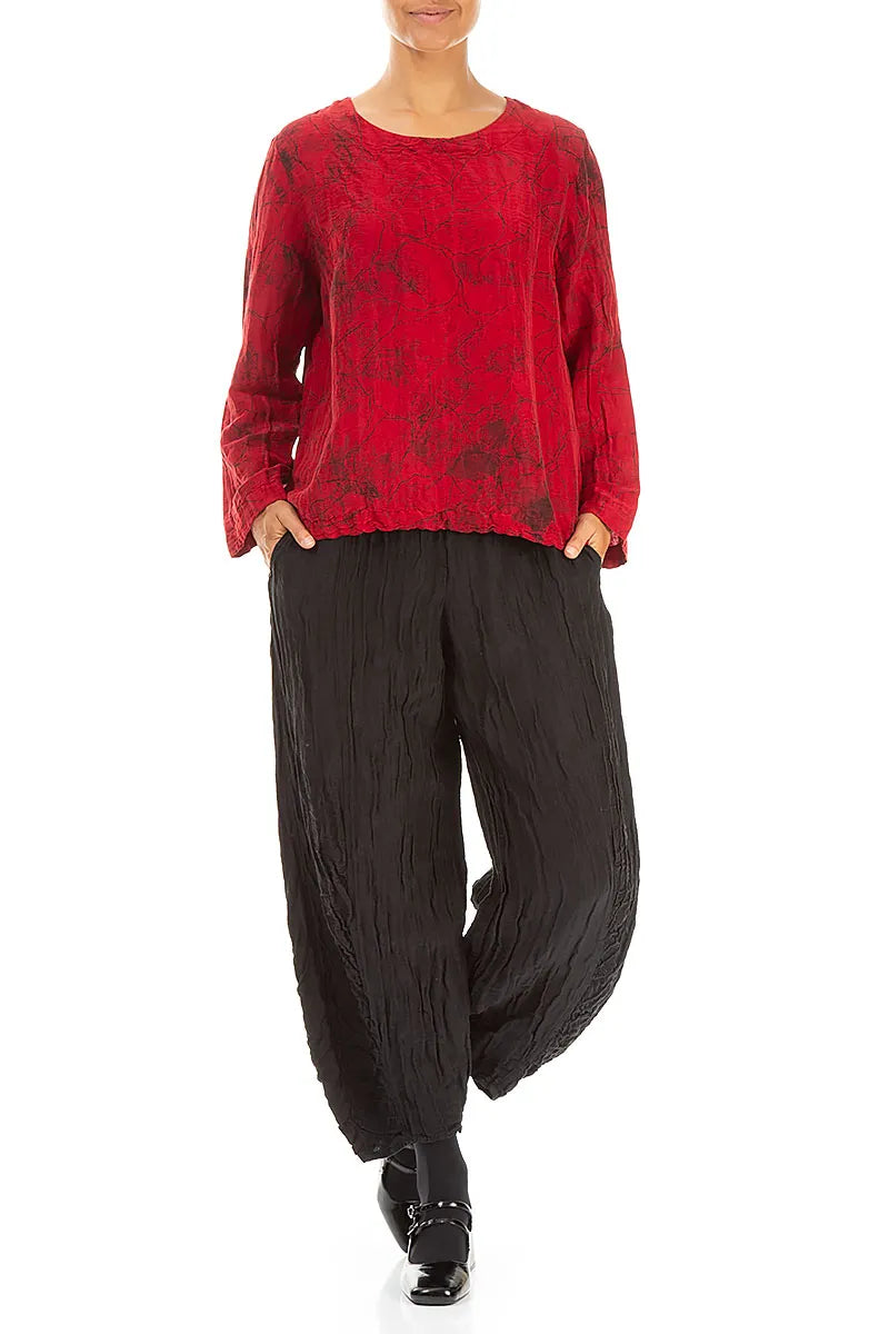 Boxy Cherry Red Marble Crinkled Silk Blouse
