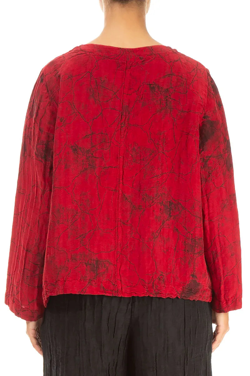 Boxy Cherry Red Marble Crinkled Silk Blouse