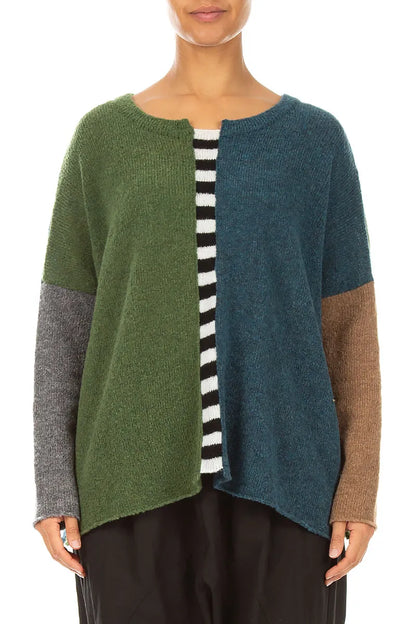 Boxy Colour-Block Green Teal Wool Sweater