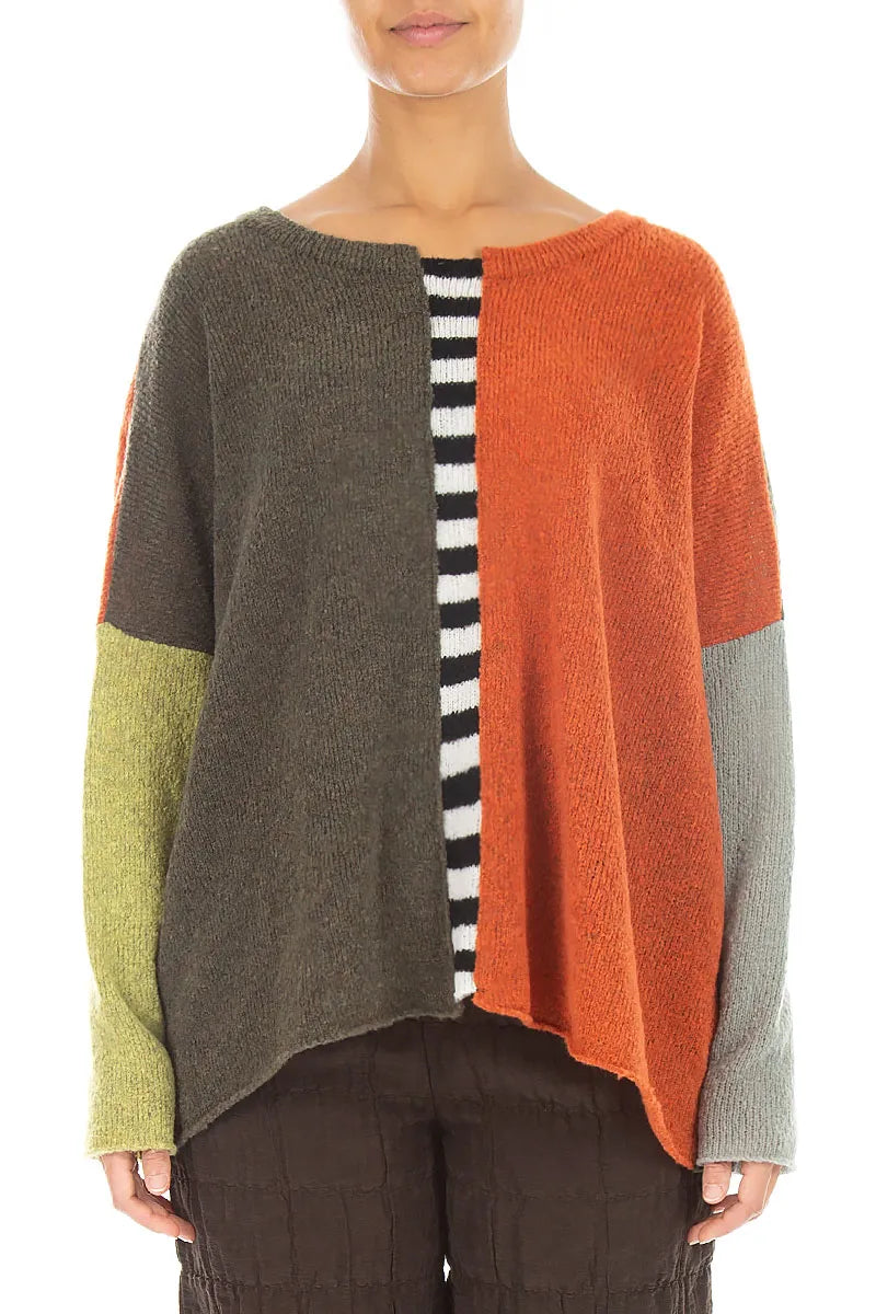 Boxy Colour-Block Khaki Orange Wool Sweater 1