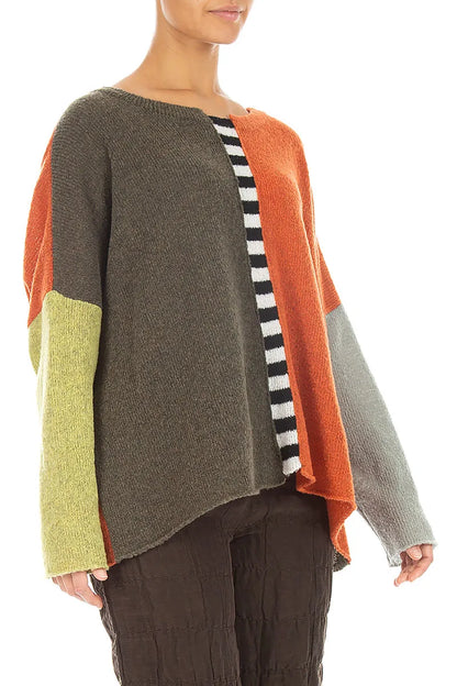 Boxy Colour-Block Khaki Orange Wool Sweater 3