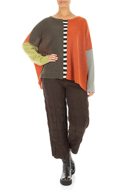 Boxy Colour-Block Khaki Orange Wool Sweater 4
