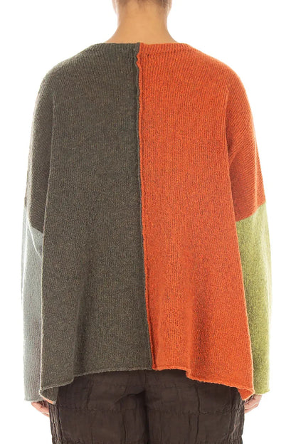 Boxy Colour-Block Khaki Orange Wool Sweater 2