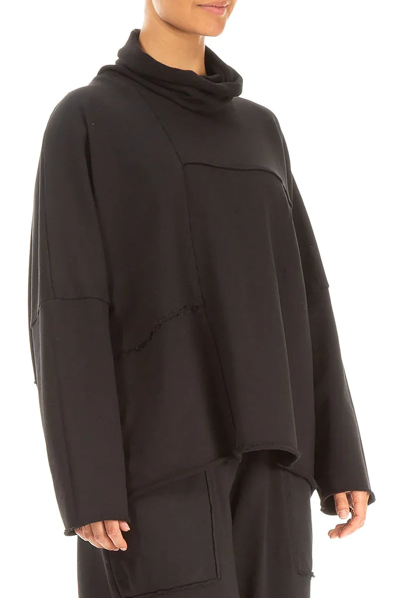 Boxy Cowl Neck Black French Terry Cotton Jumper 3