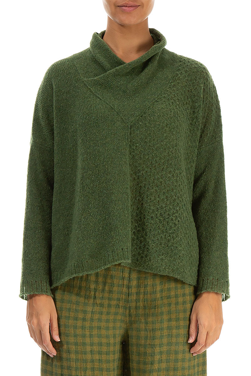 Boxy Cowl Neck Dark Sage Wool Sweater 1