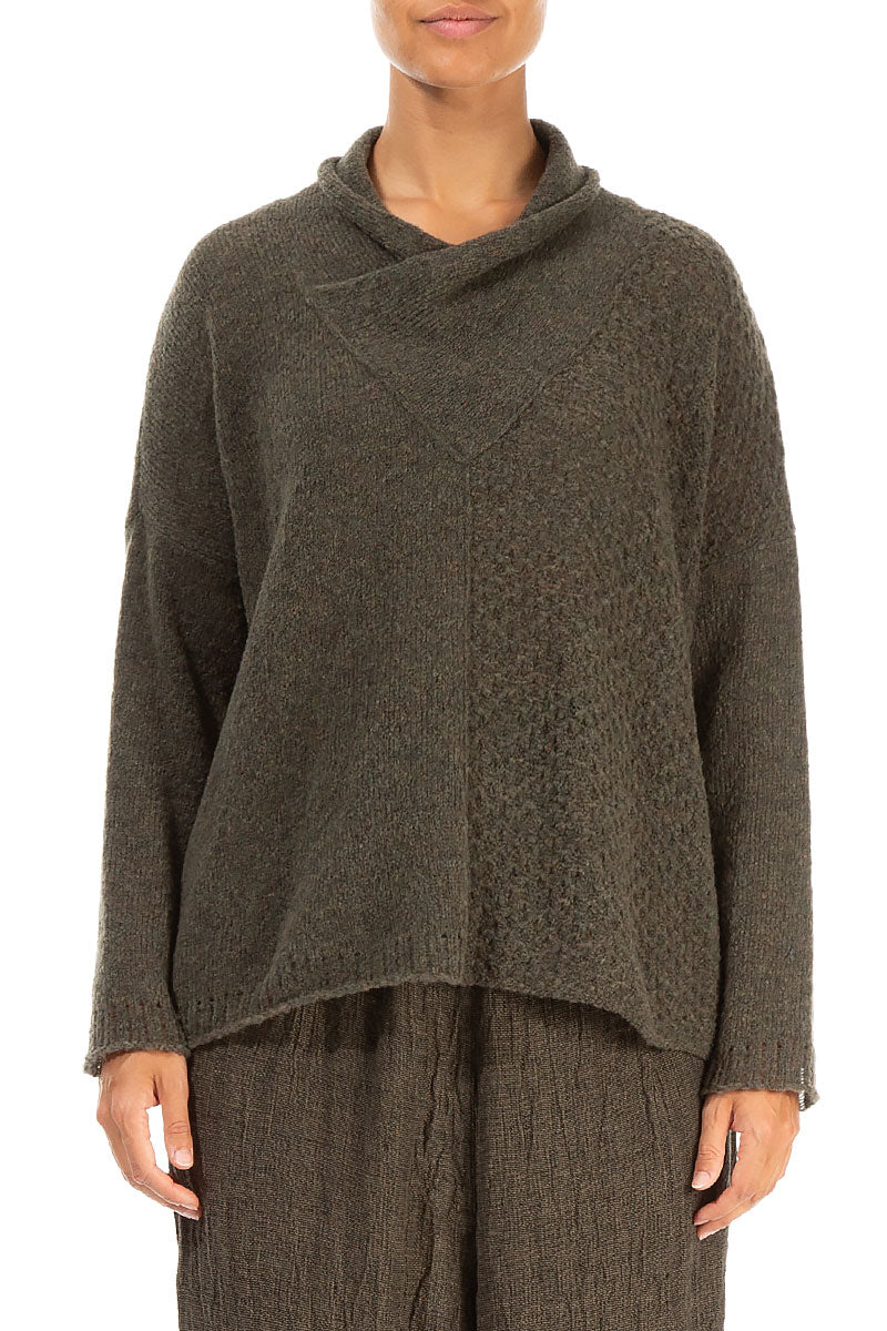 Boxy Cowl Neck Khaki Wool Sweater 1