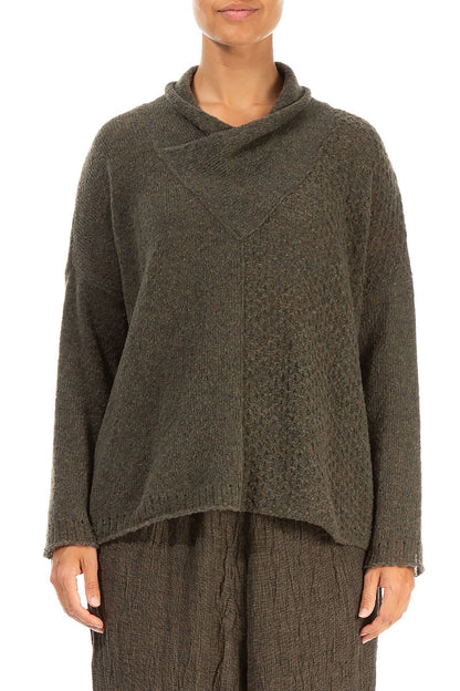 Boxy Cowl Neck Khaki Wool Sweater 1