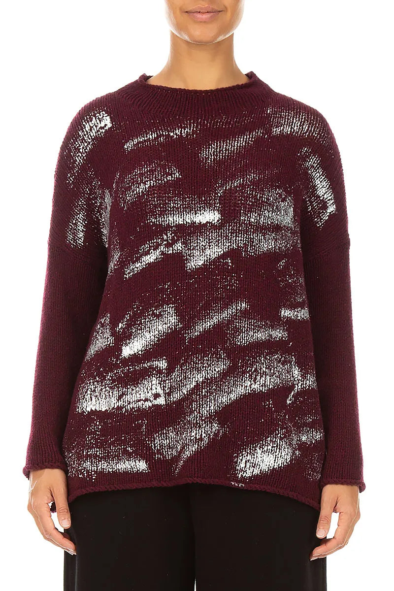 Boxy Deep Red Silver Metallic Merino Wool Sweater 1