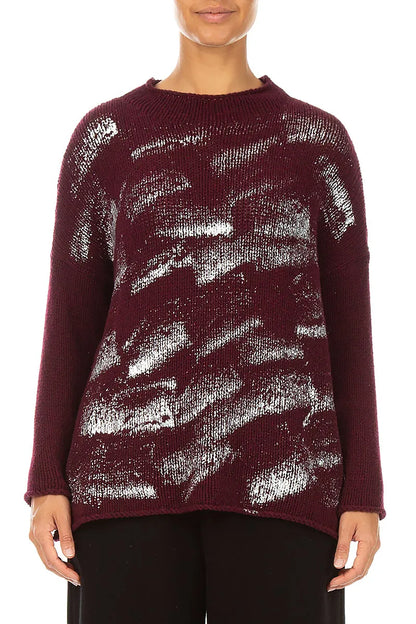 Boxy Deep Red Silver Metallic Merino Wool Sweater 1