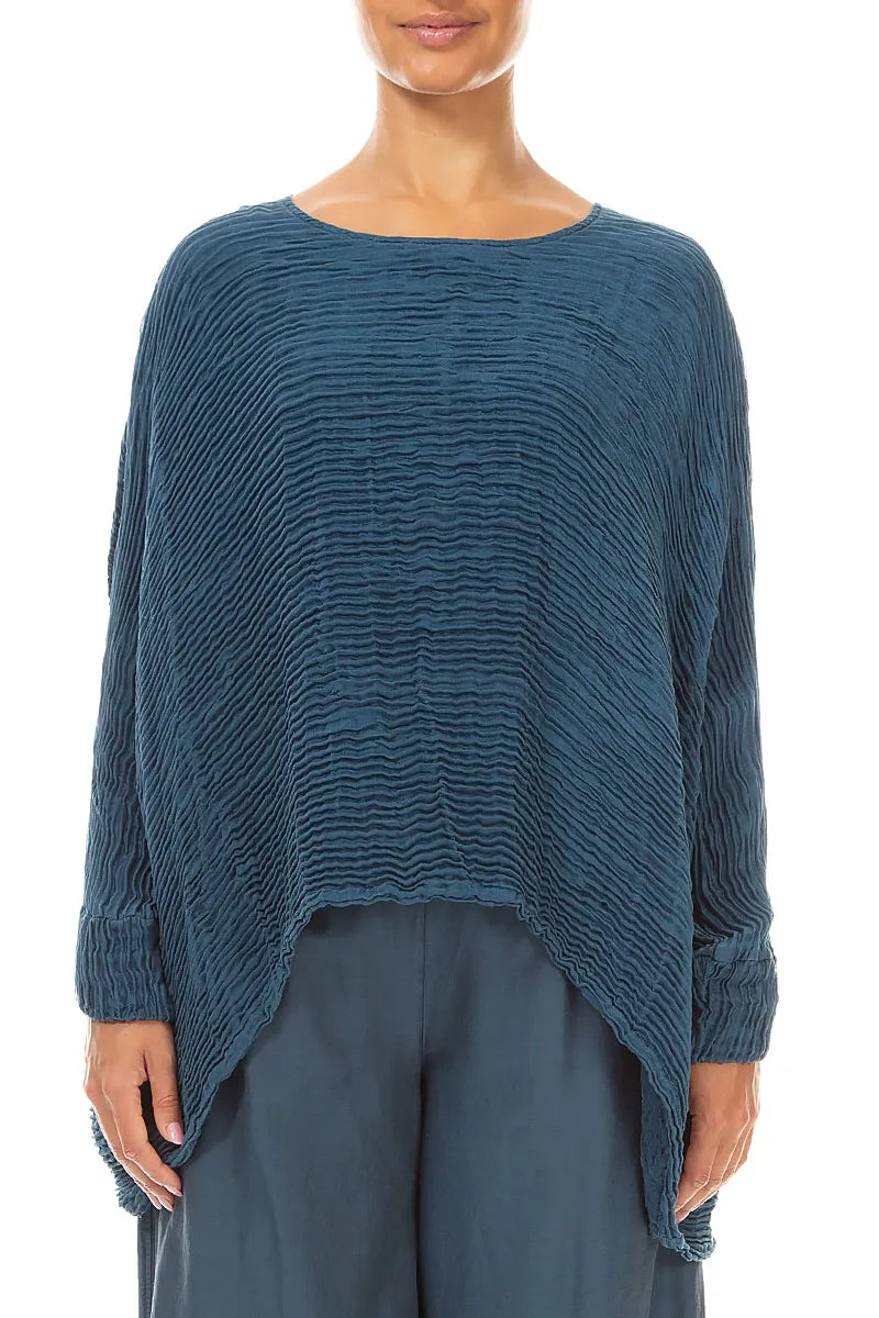 Boxy-Bluse aus Plissé-Seide in Dunkeltürkis