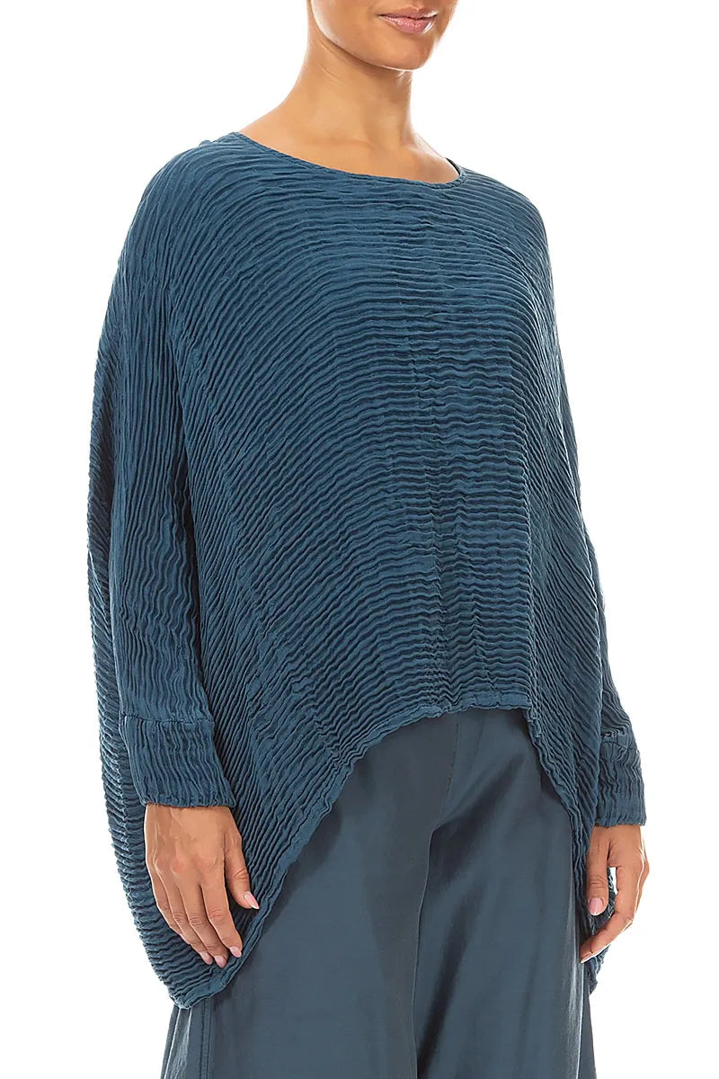 Boxy-Bluse aus Plissé-Seide in Dunkeltürkis