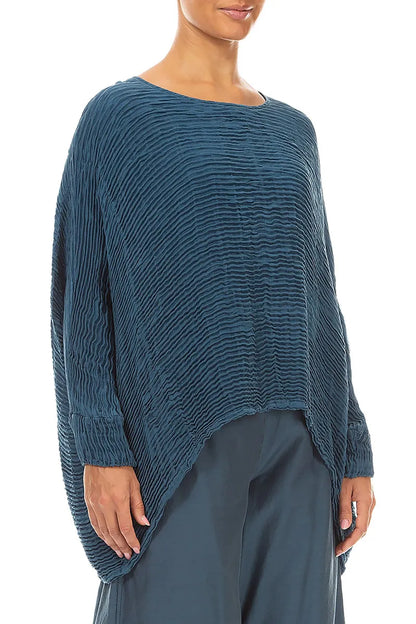 Boxy-Bluse aus Plissé-Seide in Dunkeltürkis