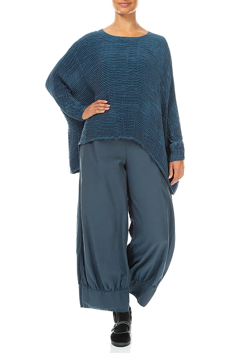Boxy-Bluse aus Plissé-Seide in Dunkeltürkis