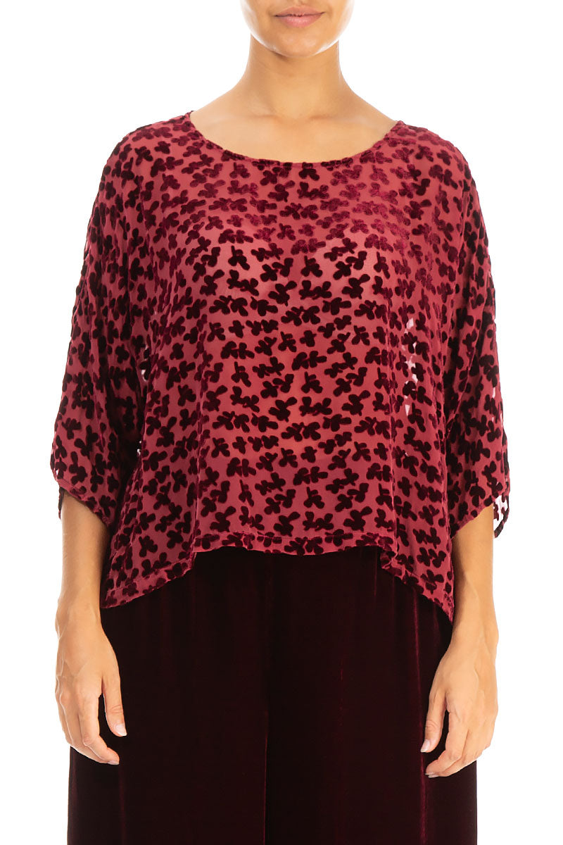 Boxy Devoré Petals Claret Silk Velvet Blouse 1