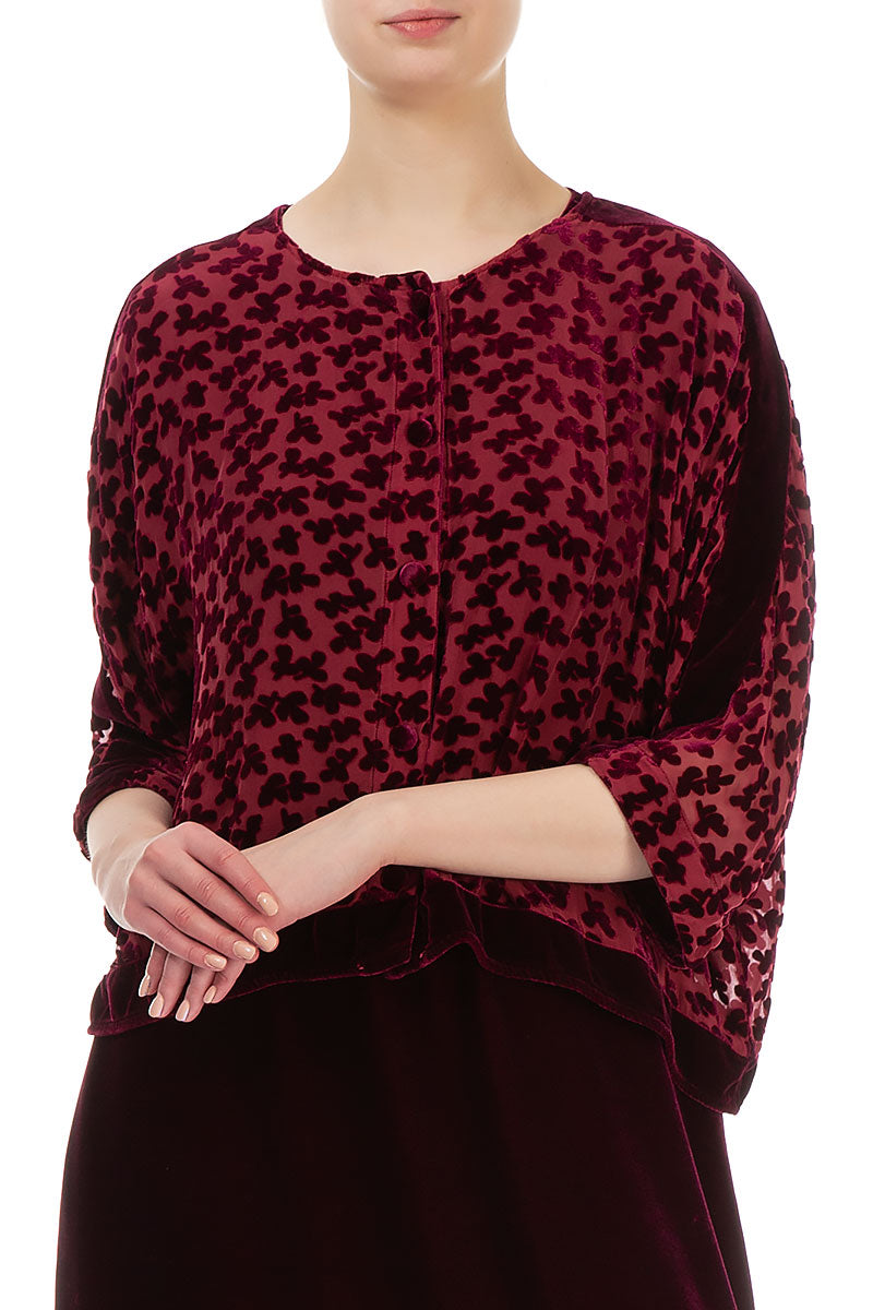 Boxy Devoré Petals Claret Silk Velvet Jacket 4