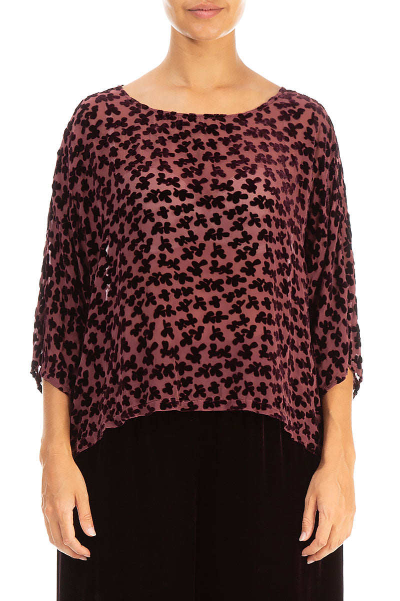 Boxy Devoré Petals Maroon Silk Velvet Blouse 1