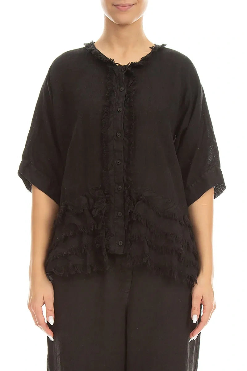 Boxy Frayed Edge Black Gauze Linen Blouse 1