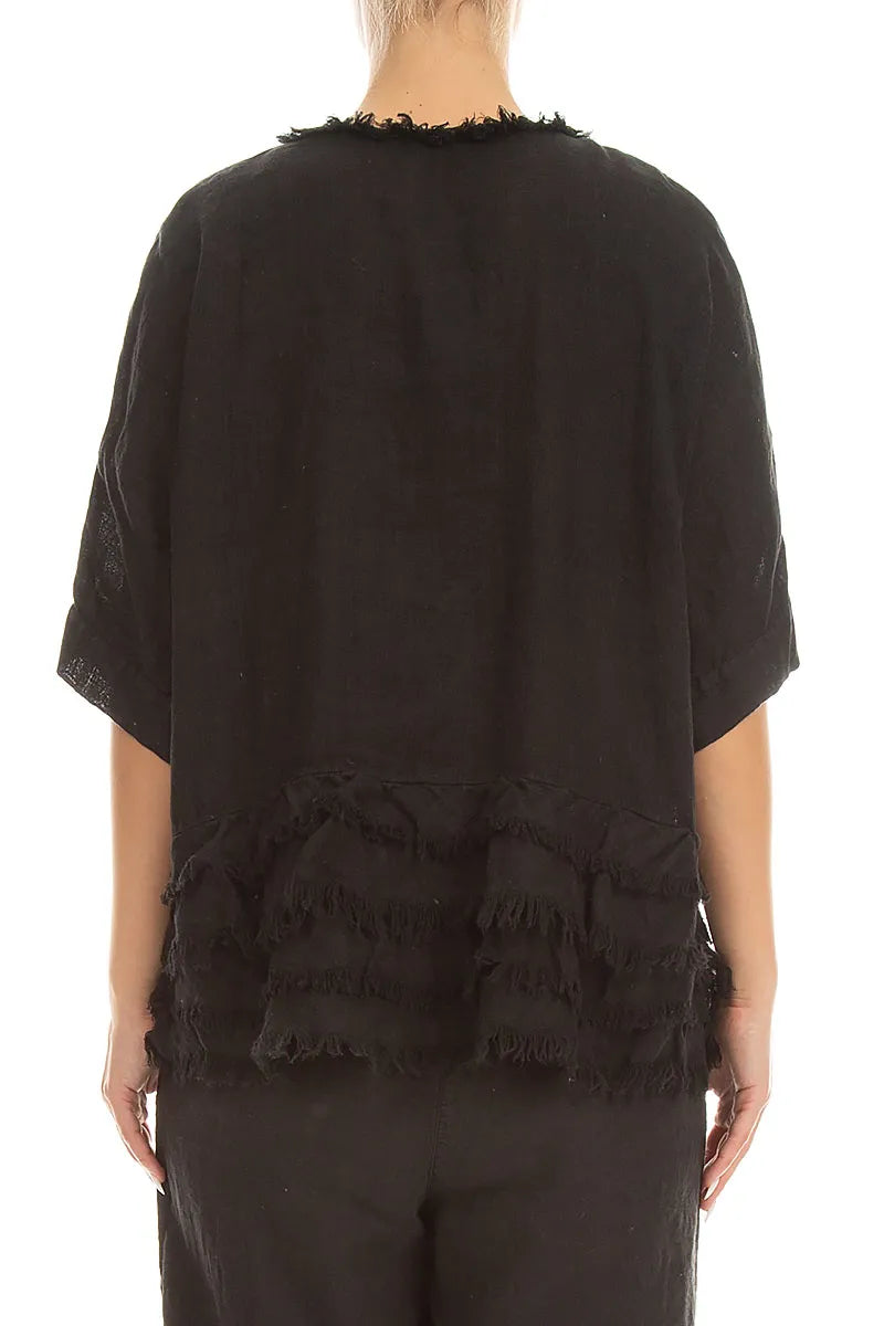 Boxy Frayed Edge Black Gauze Linen Blouse 2