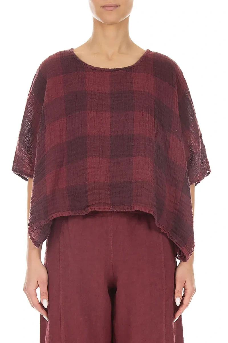 Boxy Large Check Antique Ruby Gauze Linen Blouse