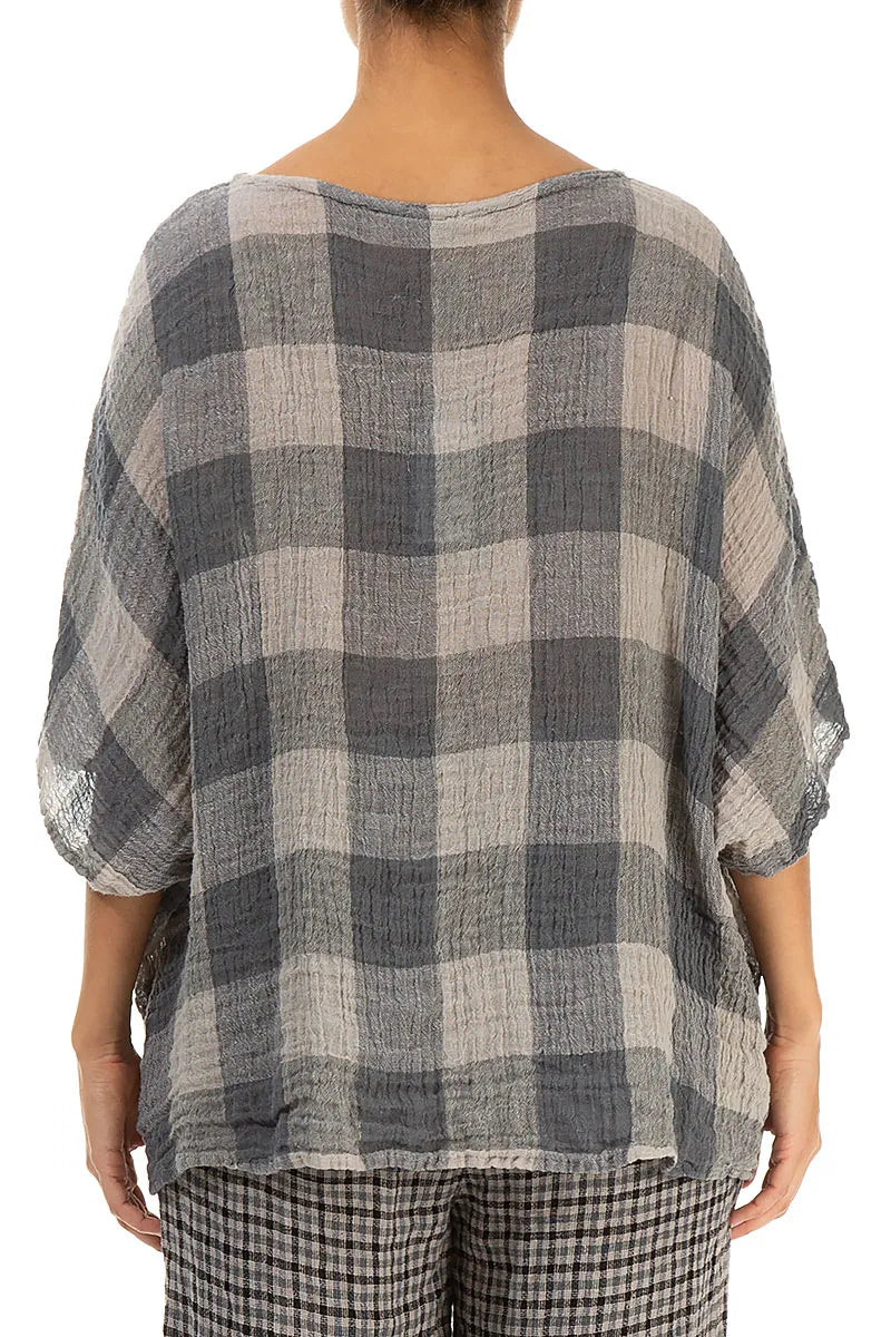Boxy Large Check Beige Gauze Linen Blouse 2