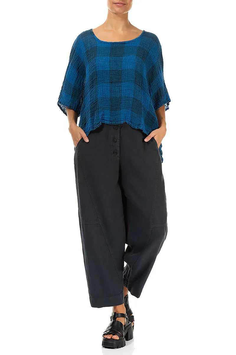Boxy Large Check Cobalt Blue Gauze Linen Blouse 4