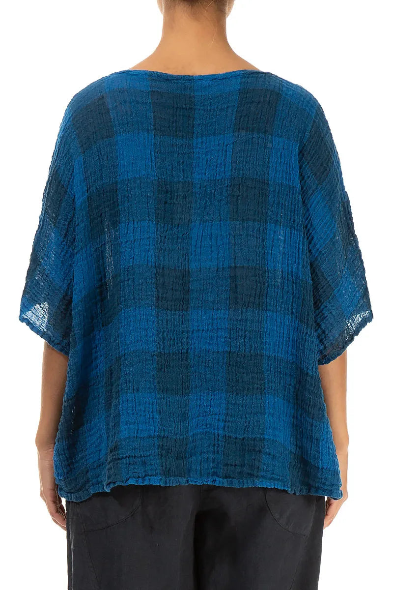 Boxy Large Check Cobalt Blue Gauze Linen Blouse