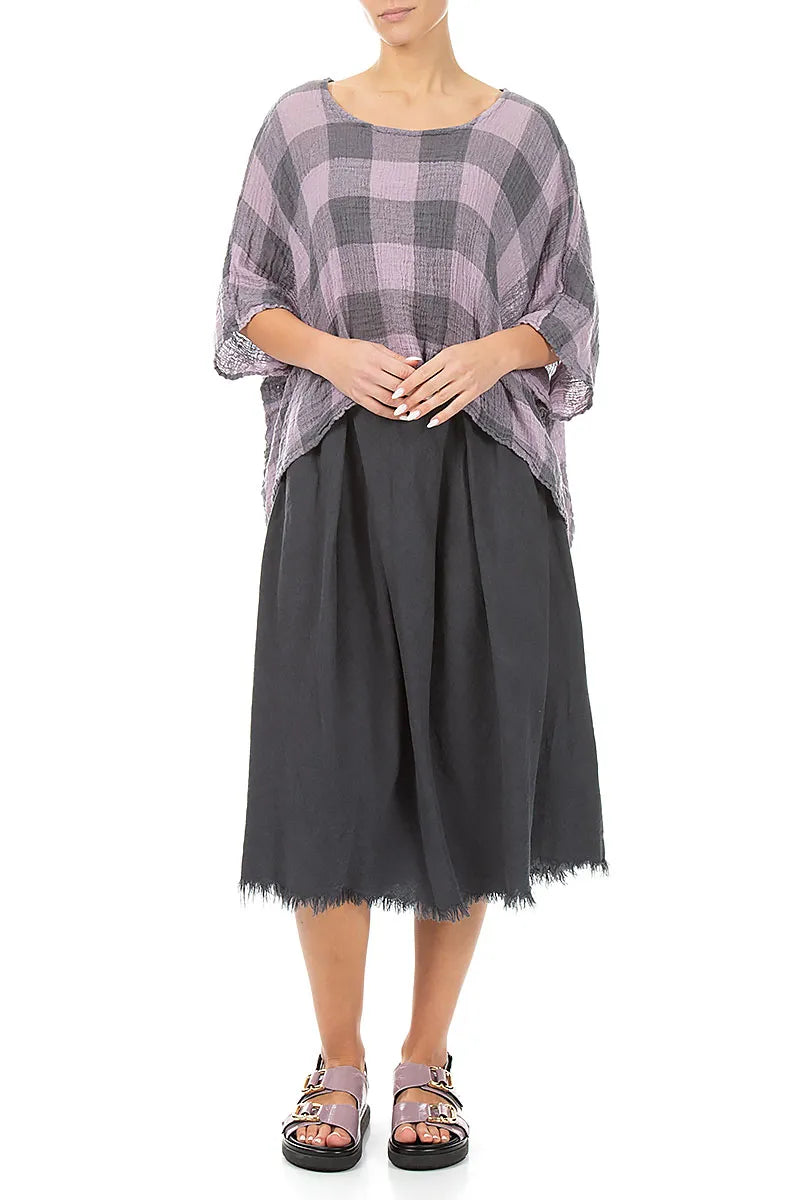 Boxy Large Check Lilac Gauze Linen Blouse 4