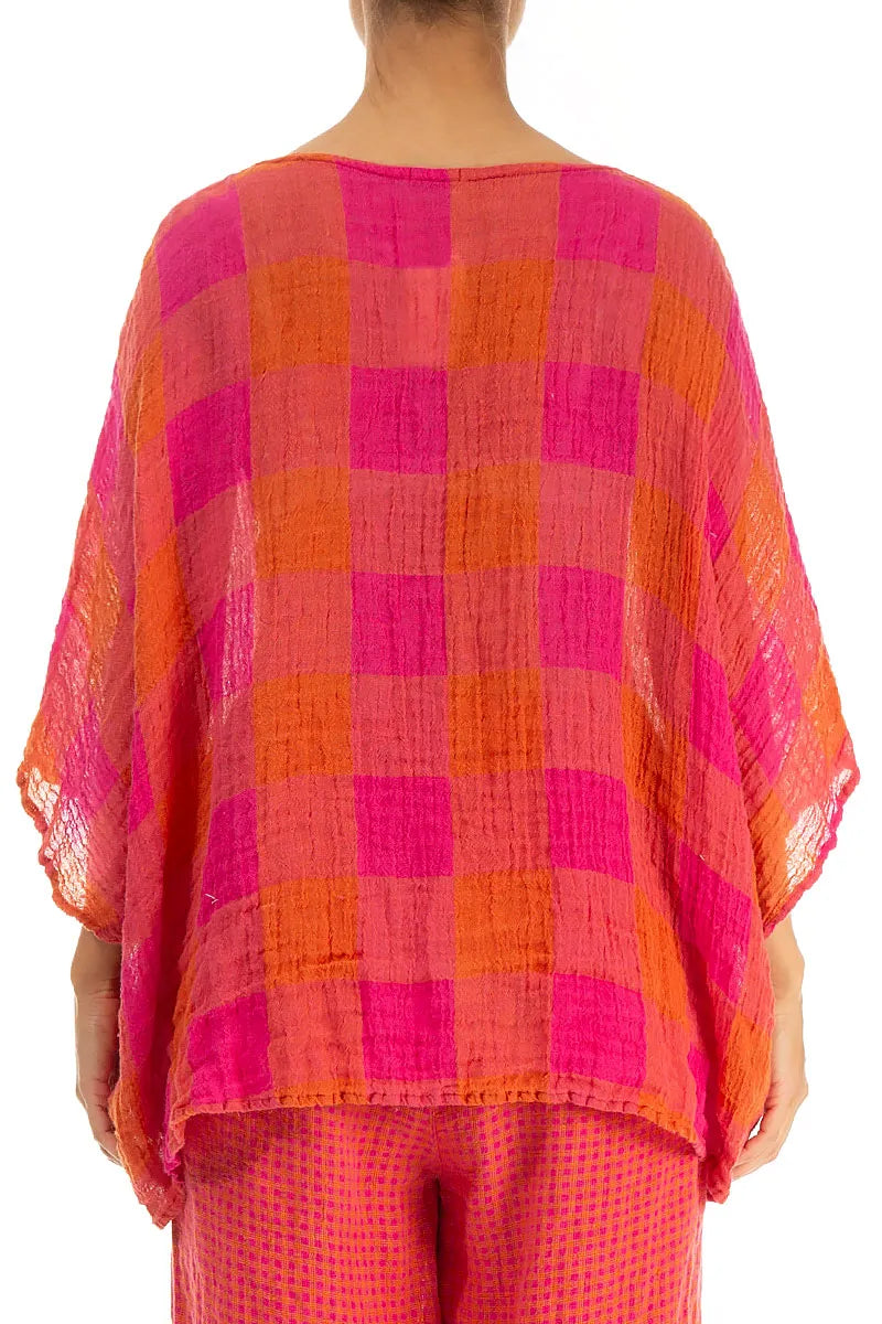 Boxy Large Check Pink Orange Gauze Linen Blouse 2