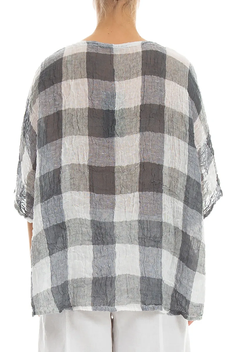 Boxy Large Check White Gauze Linen Blouse