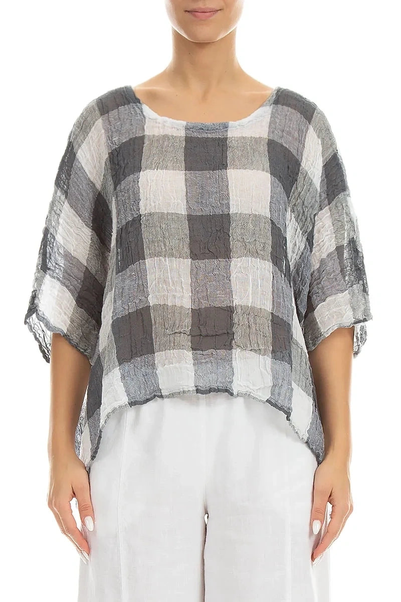 Boxy Large Check White Gauze Linen Blouse