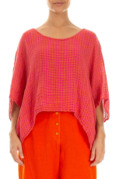Boxy Pink Orange Check Gauze Linen Blouse