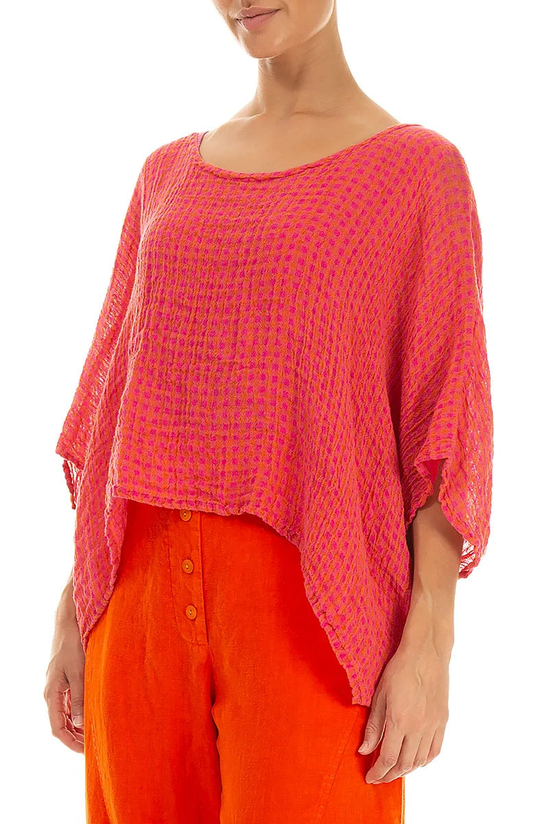 Boxy Pink Orange Check Gauze Linen Blouse