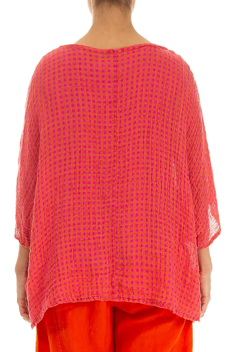 Boxy Pink Orange Check Gauze Linen Blouse