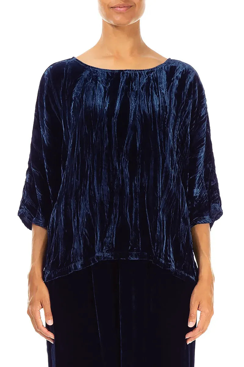 Boxy Royal Blue Crumpled Silk Velvet Blouse