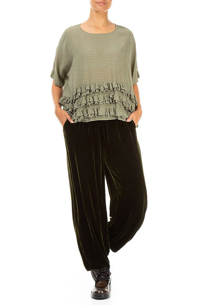 Chemisier carré à volants en soie et viscose couleur brume forestière