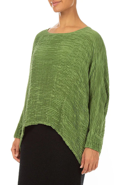 Boxy Shamrock Green Plissé Silk Blouse