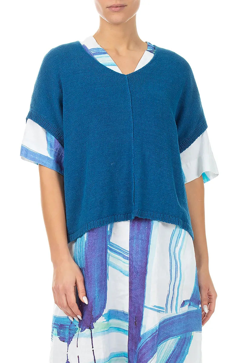 Boxy V-Neck Cobalt Blue Linen Vest 3