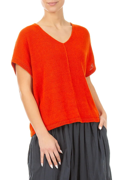 Gilet en lin orange flammé à col en V coupe droite