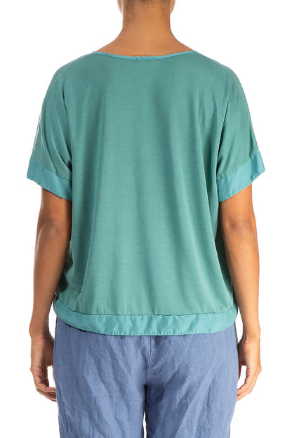 Boxy V-Neck Turquoise Silk Cotton Blouse 2
