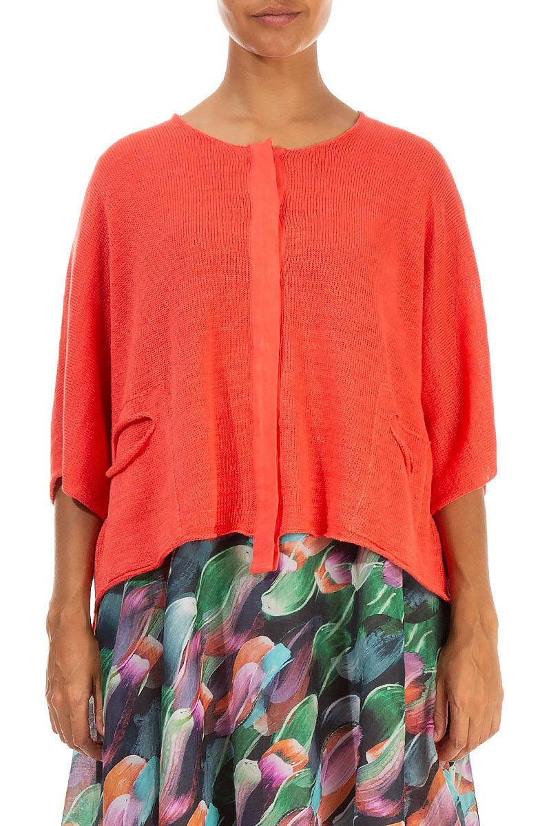 Button Band Boxy Coral Linen Cardigan 1