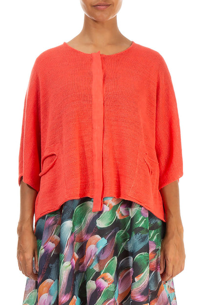Button Band Boxy Coral Linen Cardigan 1