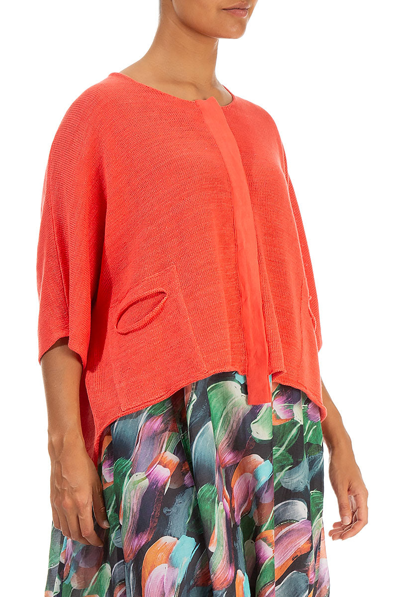 Button Band Boxy Coral Linen Cardigan 3